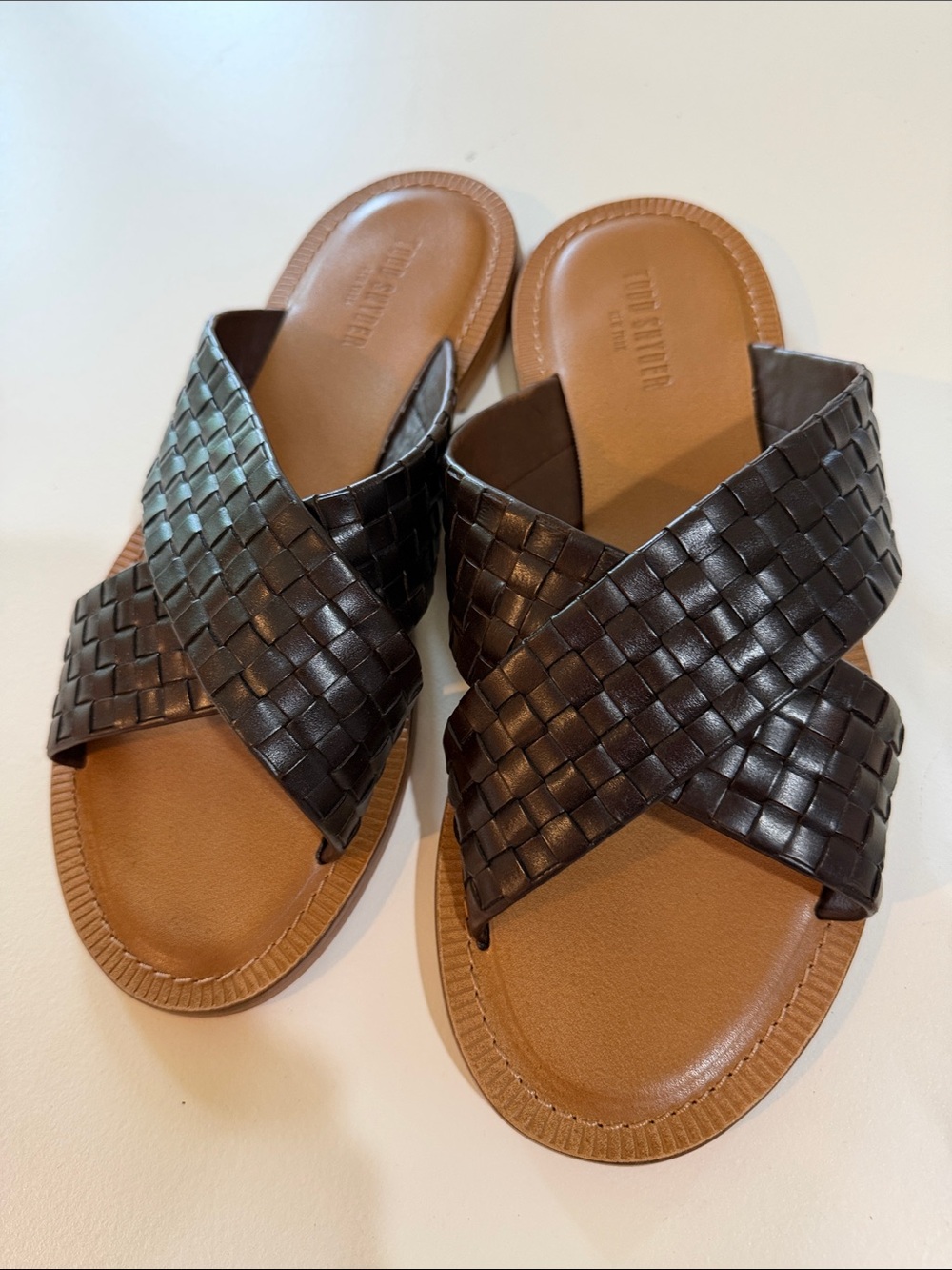 Todd Snyder Dark Brown Woven Leather Slide Sandals Sz 11. Bag7 - Picture 2 of 3